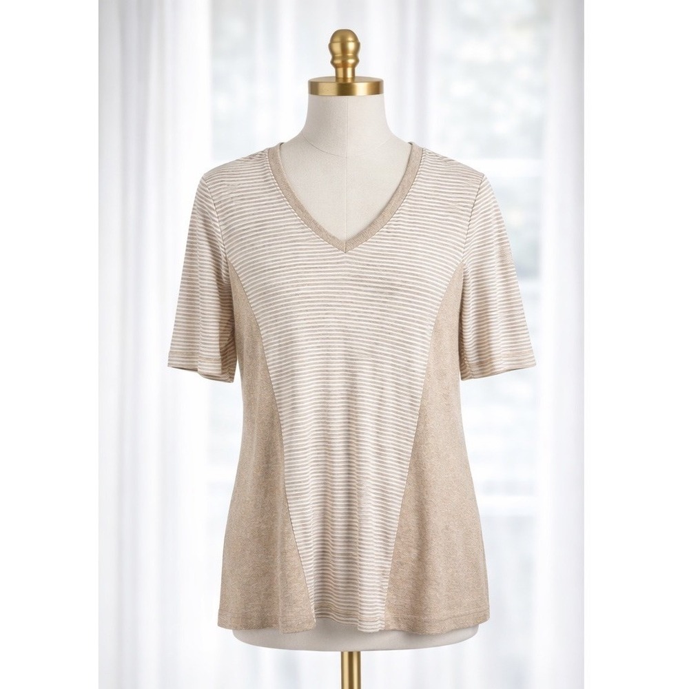 LL Bean Luxe Pima Cotton Striped V Neck Knit‎ Tee Top Beige T Shirt Size Large